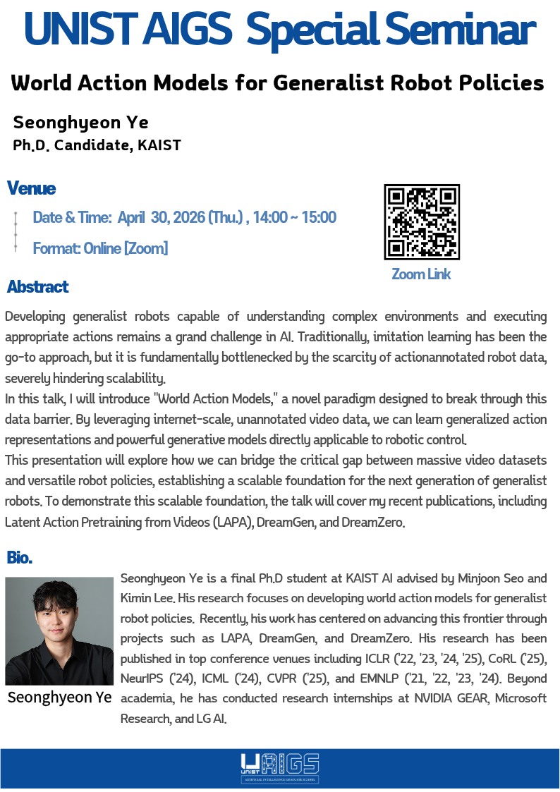 [Special Seminar] Seonghyeon Ye (KAIST). World Action Models for Generalist Robot Policies