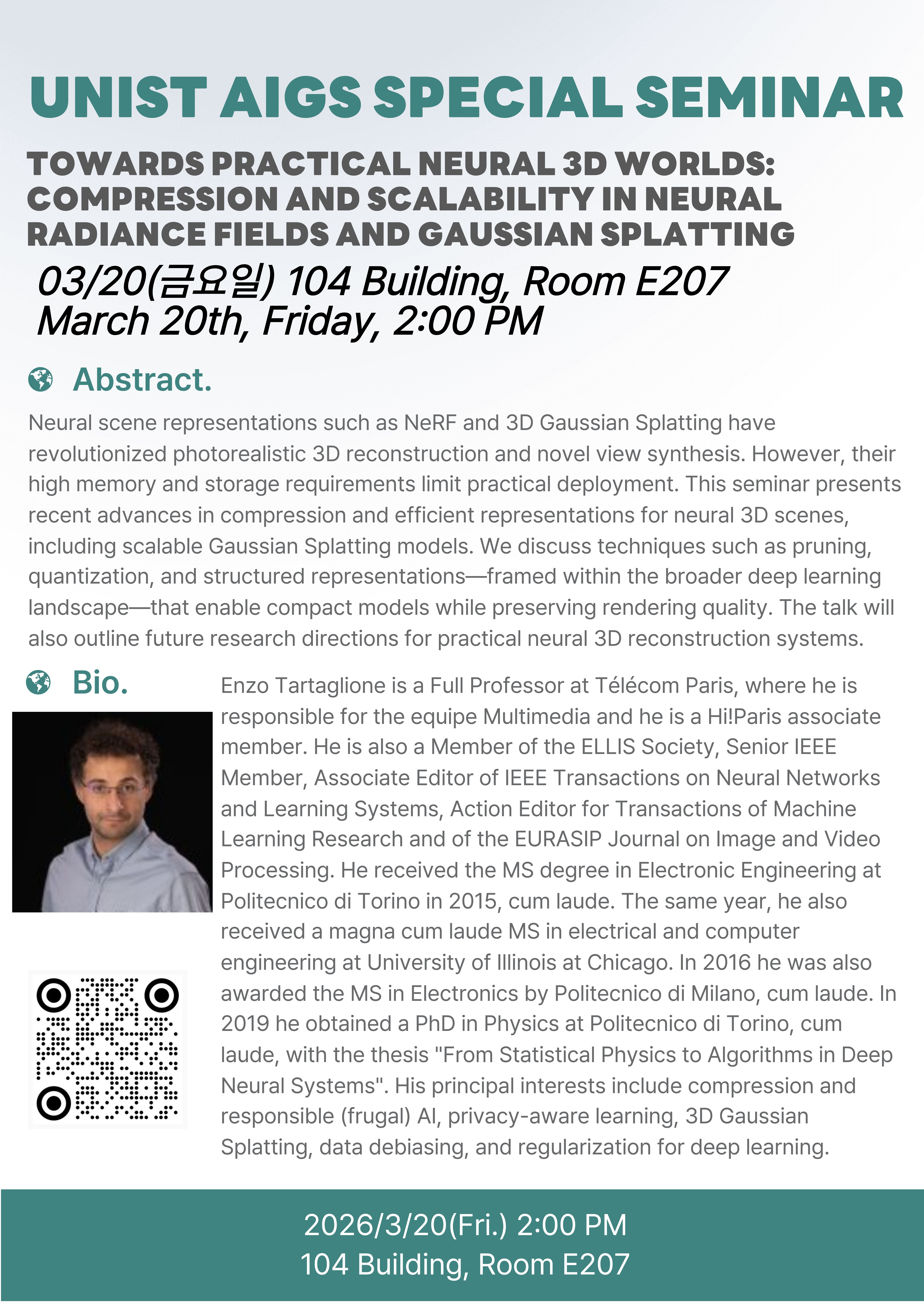 [Special Seminar] by Prof. Enzo Tartaglione.Towards Practical Neural 3D Worlds