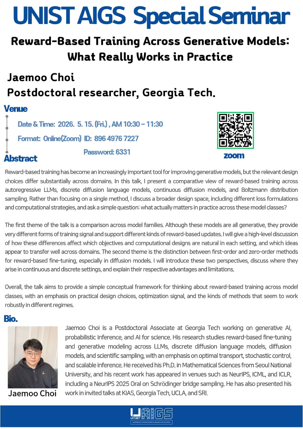 [Special Seminar]Jaemoo Choi(Georgia Tech) Reward-Based Training Across Generative Models: What Really Works in Practice