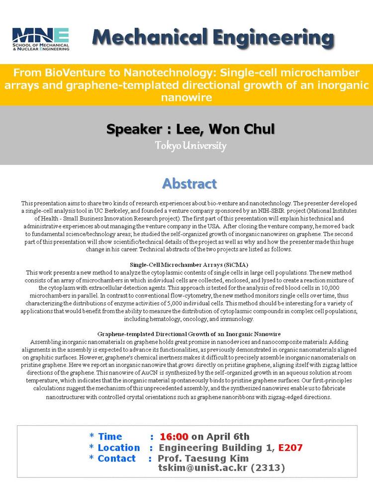 From BioVenture to Nanotechnology: Single-cell microchamber arrays and graphene-templated directional growth of an inorganic nanowire
