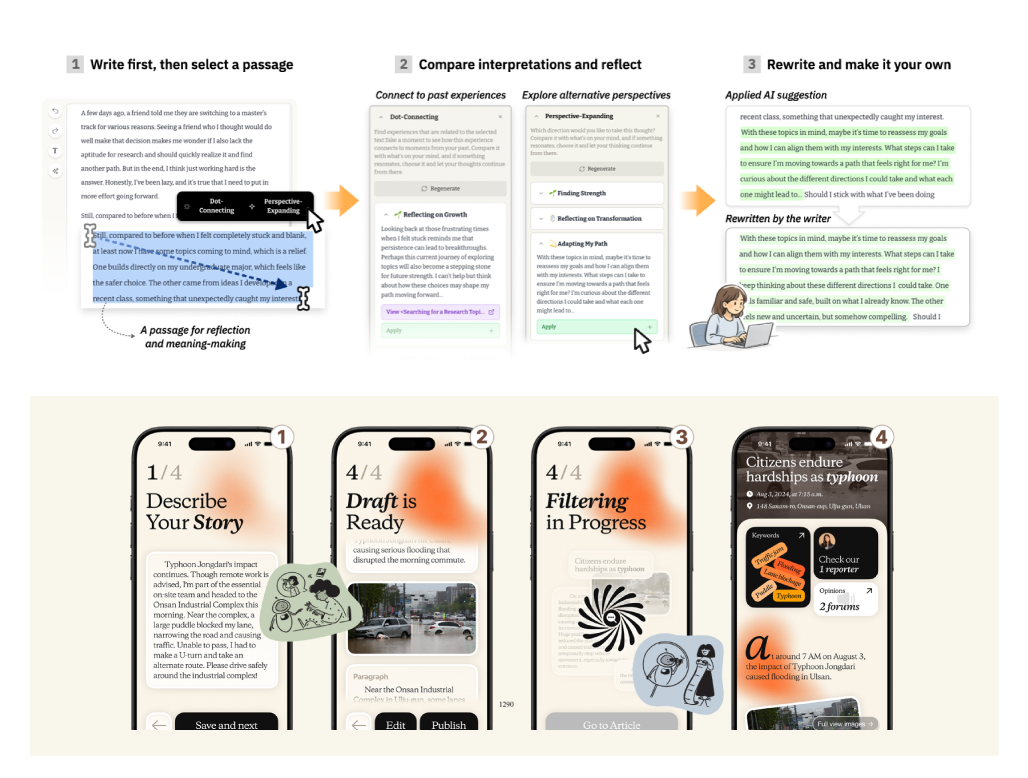 From top to bottom are Augmentiary and an AI-assisted platform for local journalism by Professor Kyungho Lee's group.