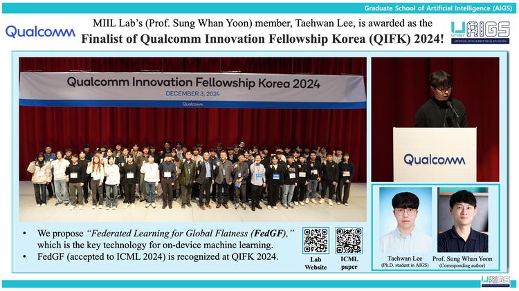 MIIL Lab's(Prof. Sung Whan Yoon) member, Taehwan Lee, is awarded as the QIFK 2024!